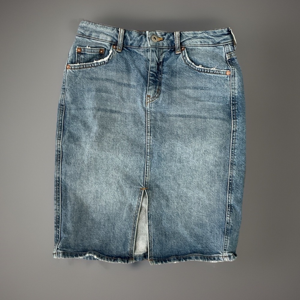 Pilcro Denim Skirt Pencil Distressed Fray Hem Stretch Blue‎ Size 2